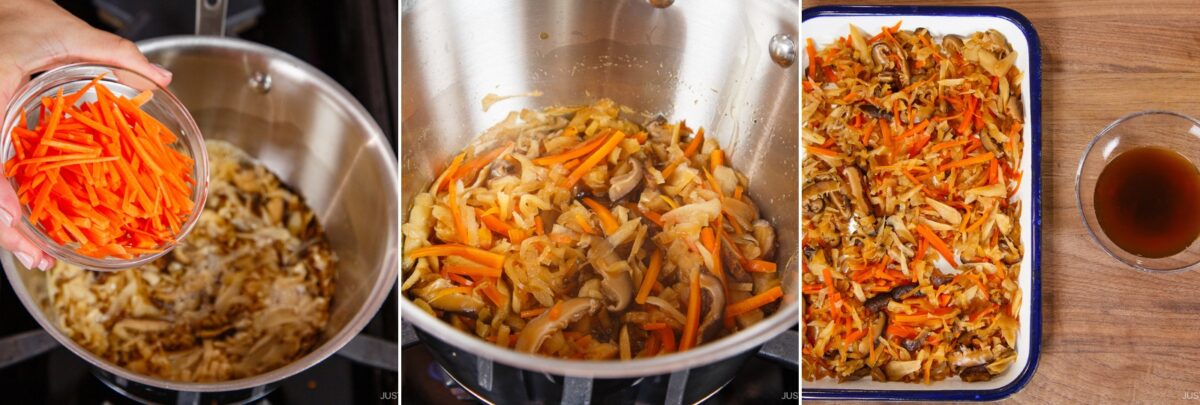 Three photos show: left, sliced carrots being added to a pot of sautéed vegetables for chirashi sushi; center, carrots, onions, and mushrooms cooking together; right, the cooked mixture spread on a tray beside a small bowl of liquid on a wooden surface.