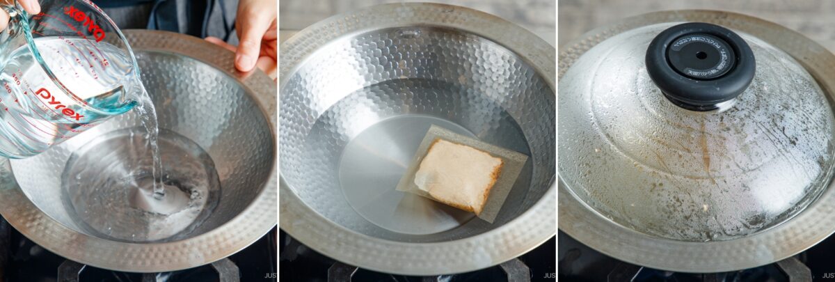 Three-panel image: Japanese hot pot meal prep begins by pouring water into a metal pot, adding a beige broth block, and then covering the pot with a glass lid on the stovetop.