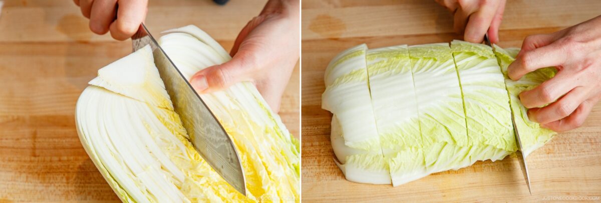 Two images show hands using a knife to cut napa cabbage on a wooden cutting board for Japanese hot pot meal prep: the left image removes the core, while the right image slices the cabbage into wide strips.