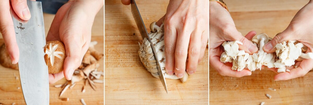A three-panel image shows Japanese hot pot meal prep: hands slicing a shiitake mushroom cap, chopping clustered mushrooms with a knife, and tearing mushrooms apart by hand on a wooden cutting board.