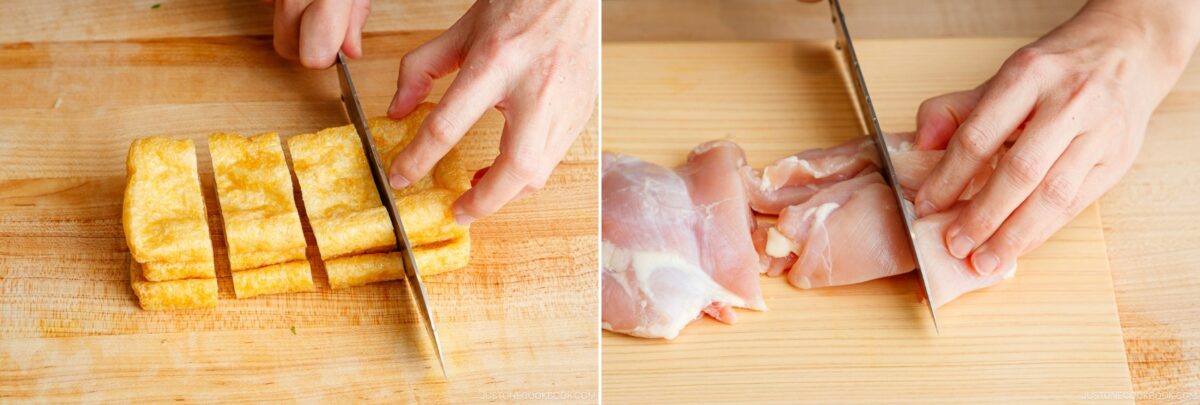 Side-by-side images: on the left, hands slicing fried tofu for Japanese hot pot meal prep; on the right, hands cutting raw chicken thigh on another wooden board.