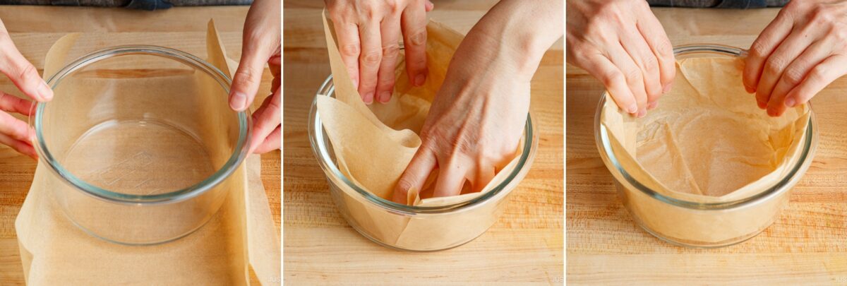 Three-panel image showing hands lining a glass bowl with parchment paper—placing, pressing, and smoothing it to fit the bowl’s shape—on a wooden surface for Japanese hot pot meal prep.