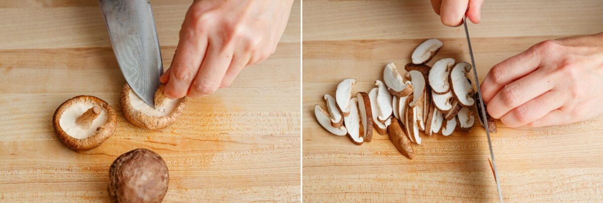 Two images show hands preparing mushrooms for a miso salmon in foil recipe: one hand slices a mushroom cap in half on a wooden cutting board, while the other arranges and cuts the halves into thin pieces.