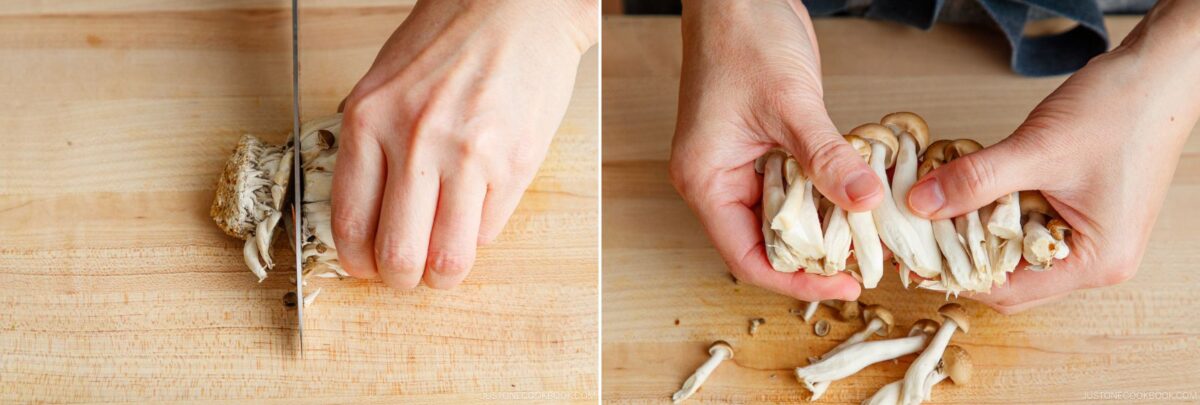Two close-up images: on the left, a hand slices the base off a cluster of mushrooms on a wooden cutting board; on the right, hands separate the trimmed mushrooms into smaller pieces for miso salmon in foil.