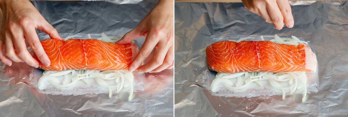 Two side-by-side photos show miso salmon in foil being prepared on a bed of sliced onions. In the left image, hands adjust the salmon; in the right, salt is sprinkled on top for extra flavor.