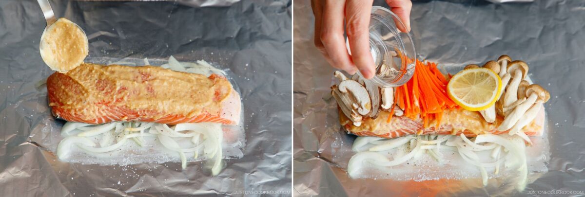 Two-panel image: On the left, miso salmon in foil rests on sliced onions as sauce is drizzled. On the right, mushrooms, carrots, and a lemon slice are added over the salmon before cooking.