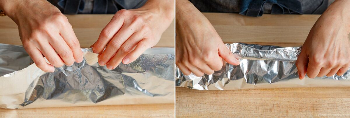 Two side-by-side photos show hands folding and sealing the edges of aluminum foil on a wooden surface, wrapping miso salmon in foil inside.