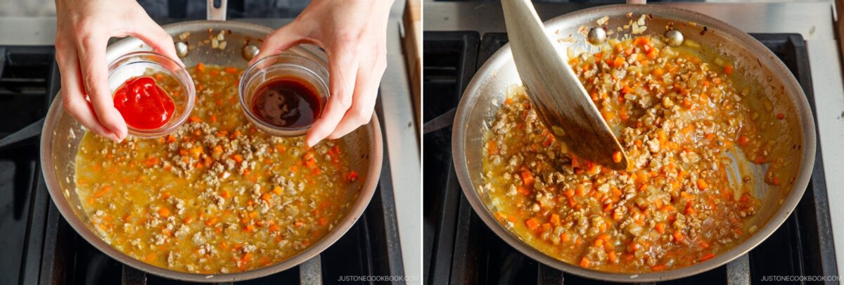 Two images: On the left, hands add small bowls of ketchup and sauce to a pan with minced meat and diced carrots for Yaki Keema Curry. On the right, a spoon stirs the saucy mixture in the pan on a stove.
