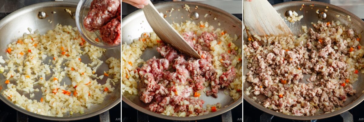 Triptych shows diced onions and peppers sautéing in a pan, raw ground meat for Yaki Keema Curry being added and stirred in, then the meat browning and mixing thoroughly with the vegetables in the final stage.