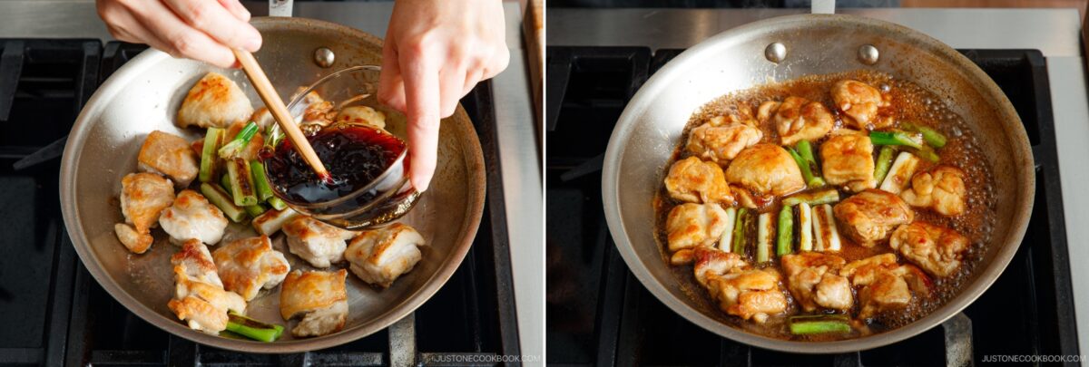 Two images of a frying pan on a stovetop: left, someone pours sauce over chicken and green onions; right, the chicken and green onions simmer in sauce for yakitori don.