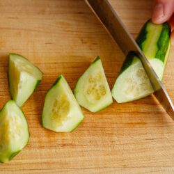 Cutting cucumber in rangiri Japanese cutting technique.