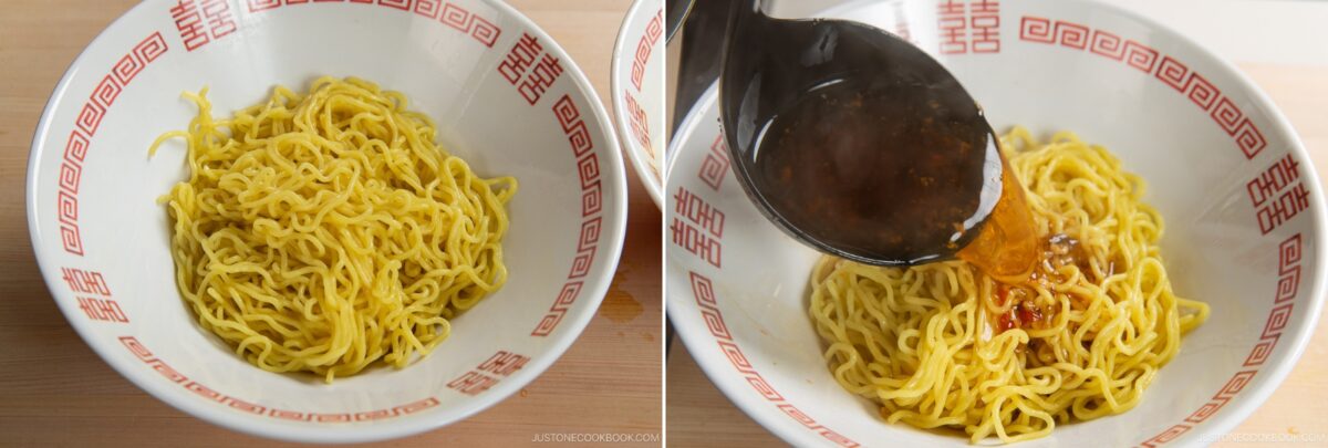Side-by-side images: left, a bowl of plain yellow noodles; right, a spoon pours dark spicy shoyu ramen sauce over the noodles in the same bowl with a red geometric pattern on the rim.