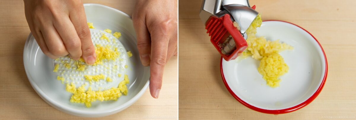 Side-by-side images show hands grating ginger on a ceramic grater (left) and a garlic press squeezing minced ginger onto a plate (right)—perfect prep for spicy shoyu ramen. Both plates rest on a light wooden surface.