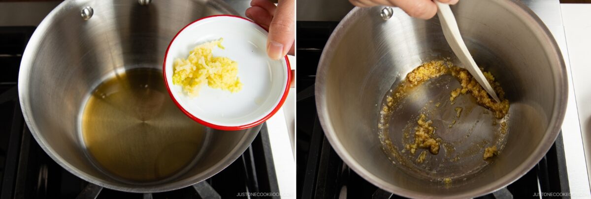 Two side-by-side images: on the left, a hand adds minced garlic from a small dish into a pot with oil for spicy shoyu ramen; on the right, the garlic is being stirred and sautéed in the pot with a wooden spoon.