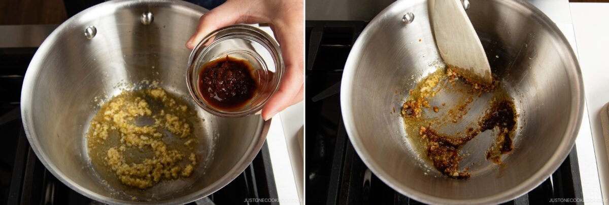 Two side-by-side images: On the left, a hand adds a dark sauce for spicy shoyu ramen to a pan with sautéed garlic. On the right, the sauce and garlic are being mixed together in the pan with a spatula.