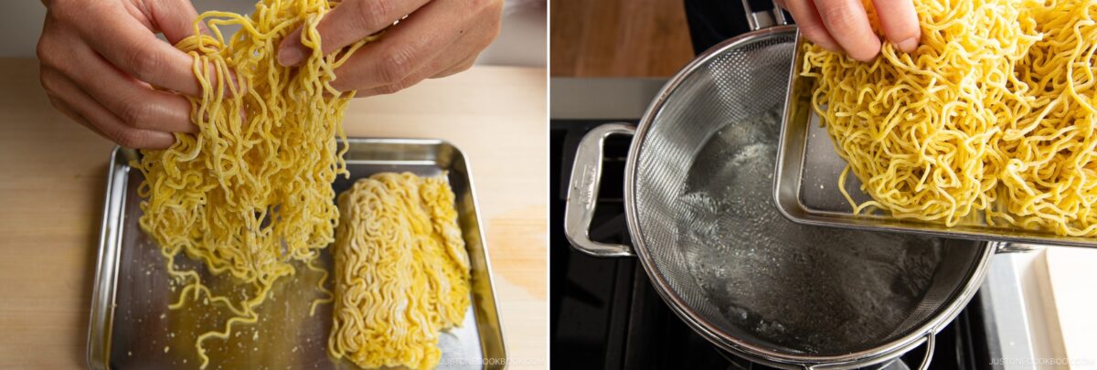 Two images side by side: On the left, hands separate uncooked yellow noodles for spicy shoyu ramen on a metal tray. On the right, the noodles are added from the tray into a pot of boiling water with a strainer.
