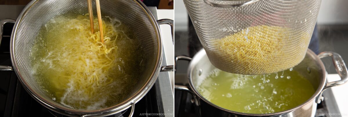 Side-by-side images: on the left, spicy shoyu ramen noodles are being cooked in boiling water with chopsticks; on the right, a strainer lifts the cooked noodles above a pot of hot water.