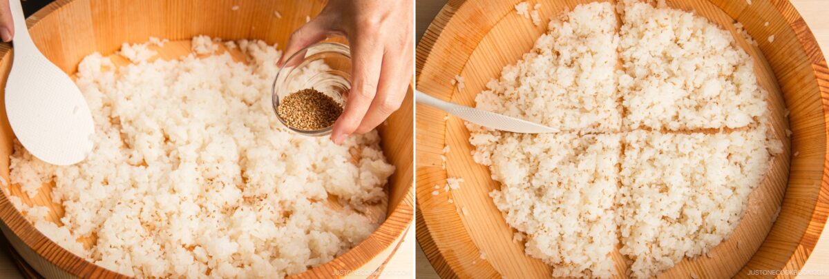 A hand sprinkles sesame seeds over a bowl of rice with a rice paddle on the left; on the right, the rice—ideal for inari sushi—is divided into four sections with a rice paddle.