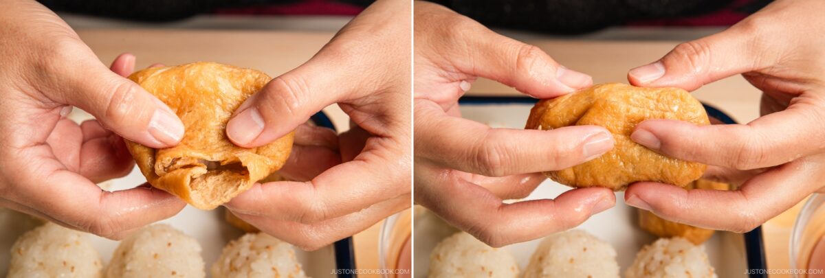 Two images side by side show hands holding and gently opening inari sushi, revealing its rice filling, while rice balls rest on a plate in the background.