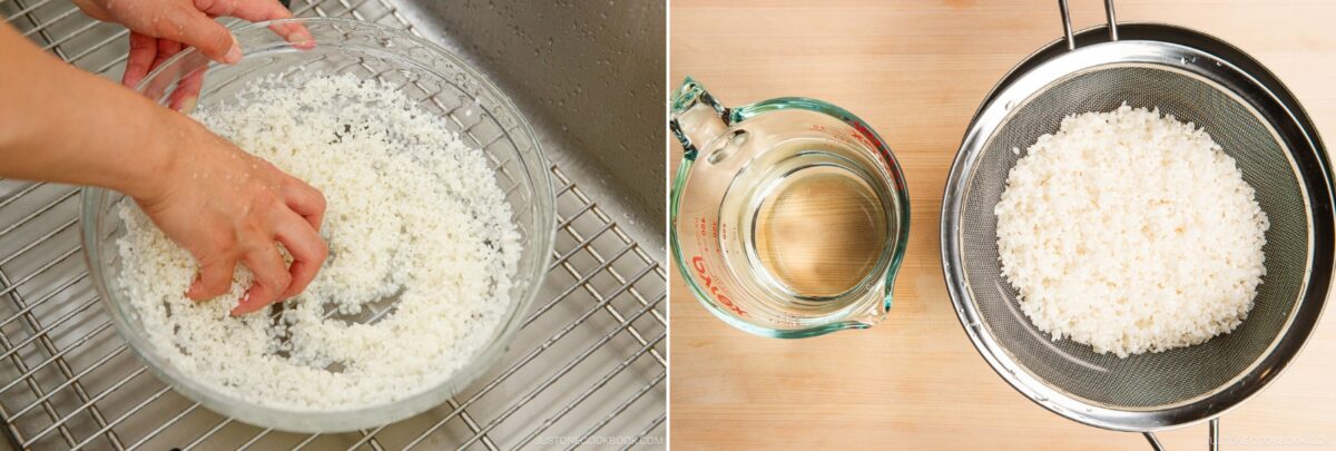 A person rinses rice in a glass bowl over a sink; on the right, rinsed rice for inari sushi sits in a strainer next to a measuring cup of water on a wooden surface.