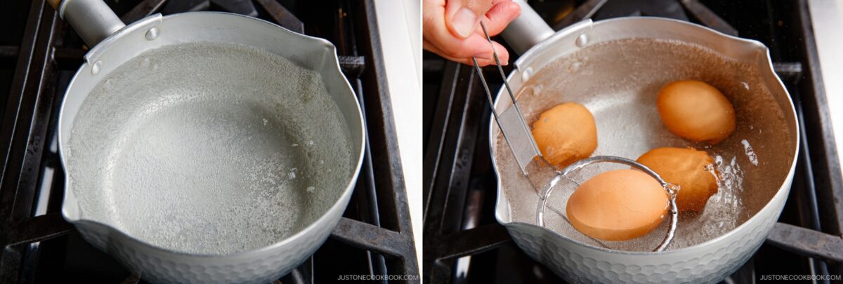 Side-by-side images: On the left, water in a small pot is boiling on a stove. On the right, a hand lowers brown eggs—perfect for making ramen eggs—into the boiling water using a slotted spoon.
