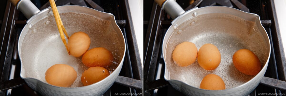 A diptych shows three brown eggs simmering in a small pot of water on a stovetop, the first step in making ramen eggs; in the left image, a hand uses chopsticks to move an egg, while on the right, the eggs sit undisturbed.