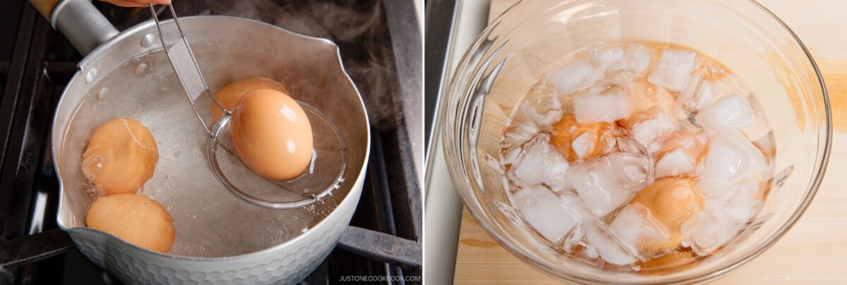 On the left, brown eggs are being boiled in a pot of water. On the right, the eggs—perfect for ramen eggs—are placed in a glass bowl filled with ice water, cooling after boiling.