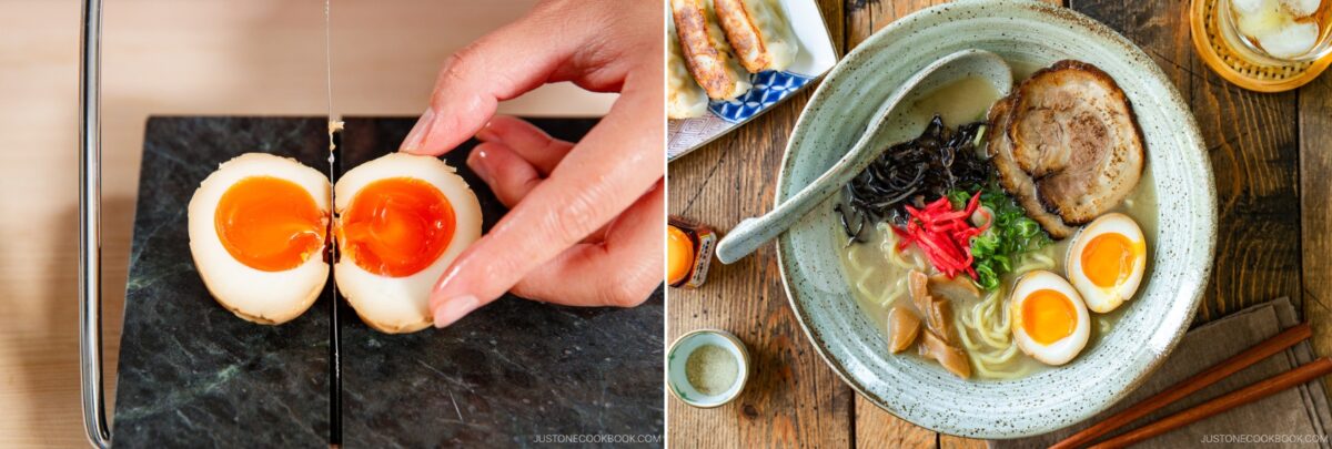 A hand slices ramen eggs in half on the left; on the right, a bowl of ramen topped with sliced pork, ramen eggs, vegetables, and garnishes sits on a wooden table with chopsticks and sauce.