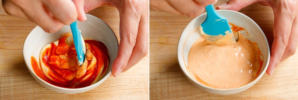 Two images side by side show hands mixing a homemade spicy mayo recipe—red sauce and mayonnaise—in a small bowl with a blue spatula. The left image shows unmixed ingredients; the right features a smooth, creamy orange sauce.