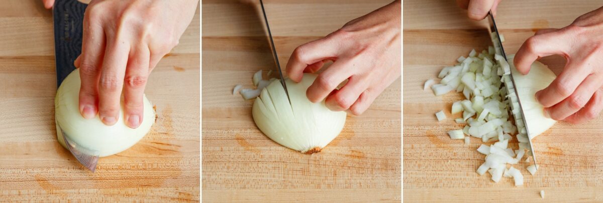 A sequence showing hands chopping an onion for Tomato Bacon Pasta: first slicing the onion in half, then making vertical cuts, and finally dicing it into small pieces on a wooden cutting board.