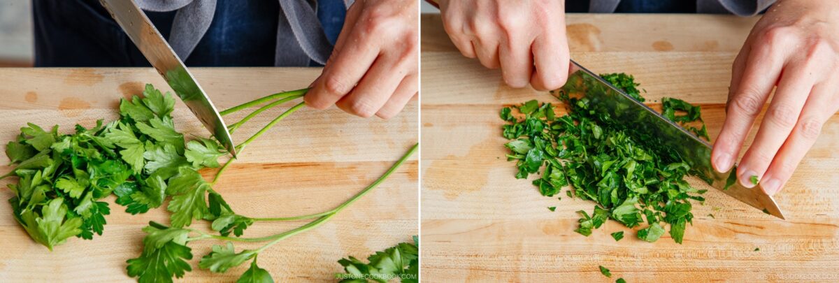 Two images: On the left, hands trim stems from fresh parsley on a wooden cutting board; on the right, hands finely chop parsley leaves to garnish a savory Tomato Bacon Pasta.