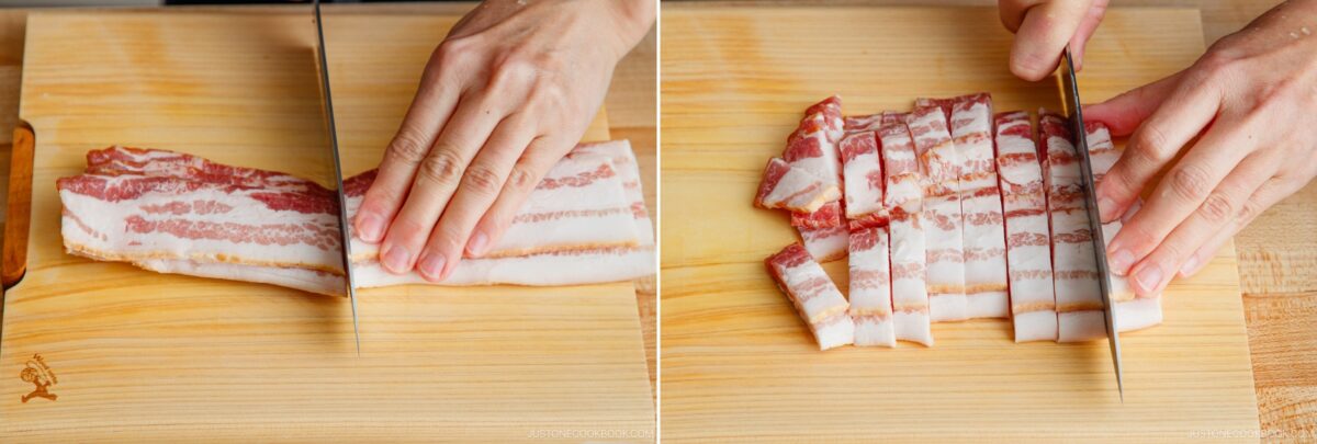 Two side-by-side images show hands slicing bacon on a wooden cutting board: the left shows cutting whole strips, while the right shows prepping bacon pieces—perfect for recipes like Tomato Bacon Pasta.