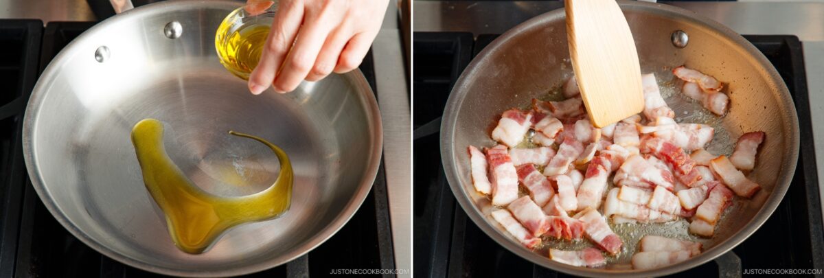 A hand pours olive oil into a stainless steel pan on a stovetop (left), and diced bacon is sautéed for Tomato Bacon Pasta in the pan as a wooden spatula stirs (right).