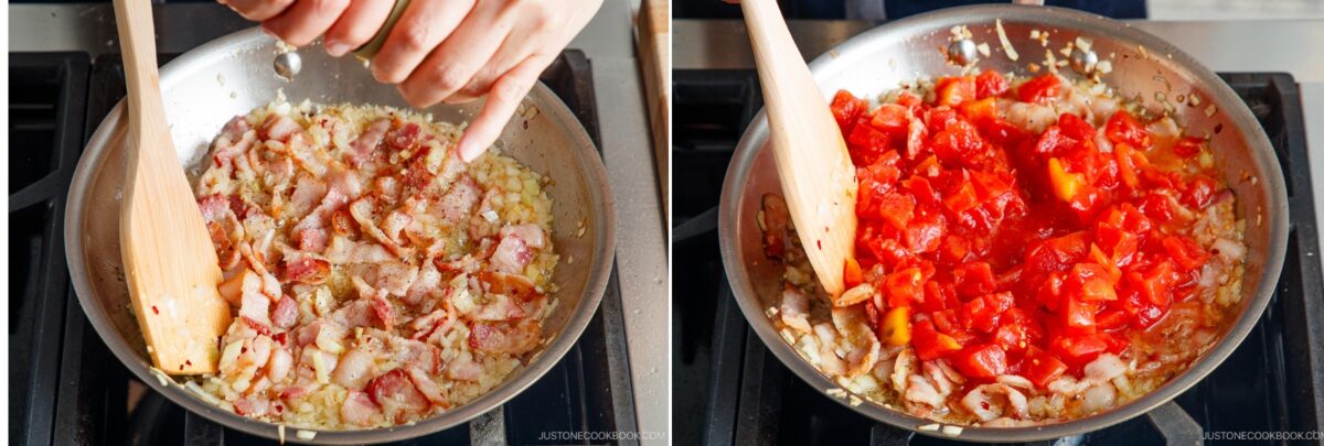 A side-by-side comparison shows bacon and onions being stirred in a pan on the left, and chopped tomatoes added to the mixture on the right—the perfect start for a hearty Tomato Bacon Pasta, both mixtures cooking together on the stove.
