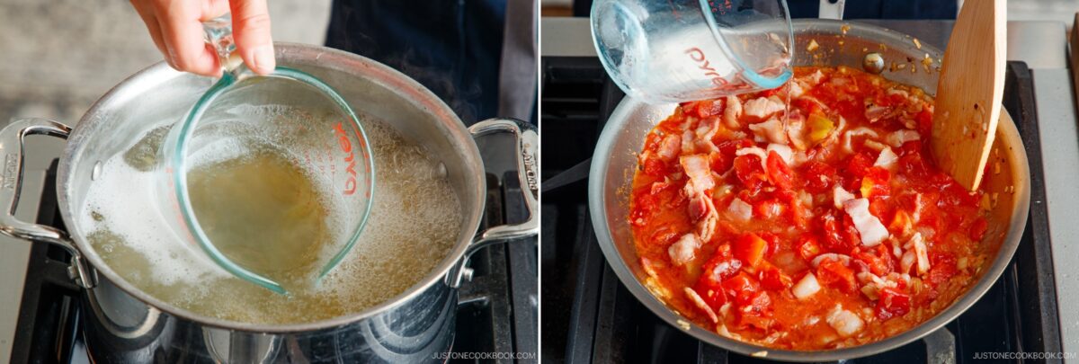 Split image: On the left, a hand places a glass bowl over a pot of boiling water; on the right, water is poured from a measuring cup into a pan of bacon and tomatoes for Tomato Bacon Pasta, being stirred with a wooden spatula.
