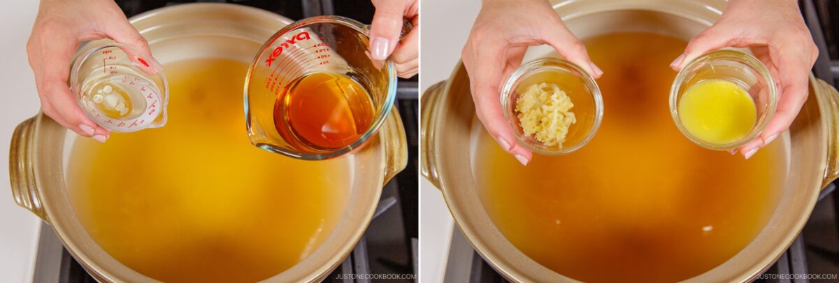 Two images side by side: On the left, hands pour liquids into a pot of chanko nabe (sumo stew); on the right, hands hold small bowls of minced garlic and a yellow liquid above the same pot on a stove.