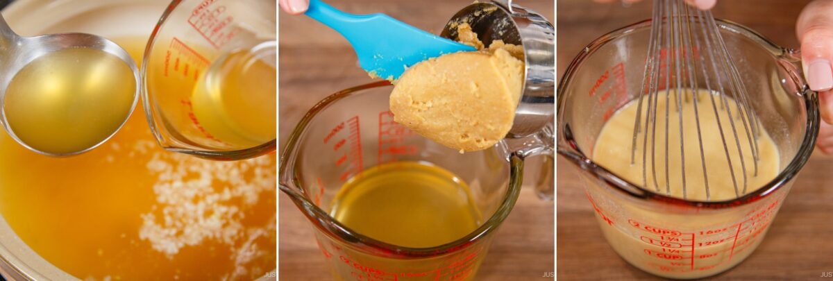 A collage showing: ladling chanko nabe (sumo stew) broth into a measuring cup, adding miso paste with a spatula, and whisking the mixture in a measuring cup on a wooden surface.