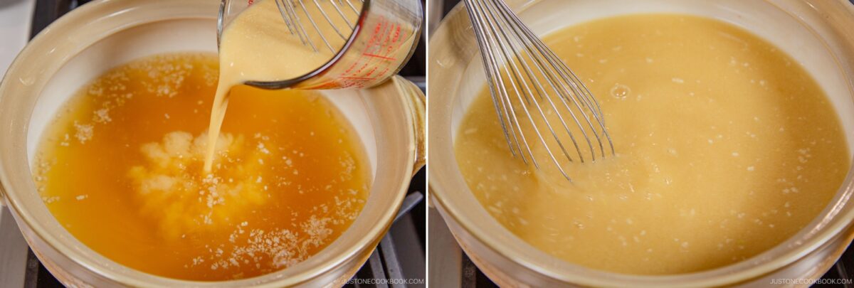 A two-panel image shows light brown liquid being poured into a pot for chanko nabe (sumo stew) on the left, and the mixture being whisked in the same pot on the right, creating a smooth, creamy texture.
