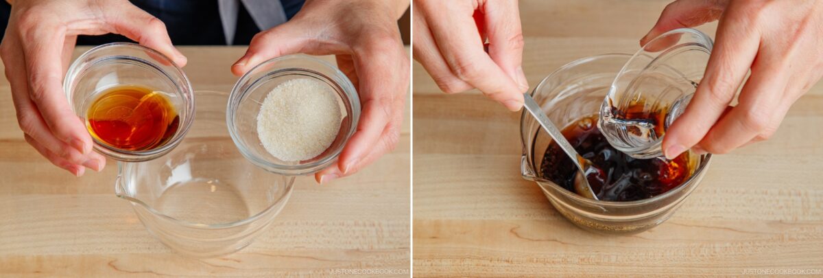 Two side-by-side images: on the left, hands hold small bowls of brown liquid and granulated sugar over a larger bowl—perfect for creating sauces like those used in gapao rice; on the right, the liquid is poured in as a spoon stirs the mix.