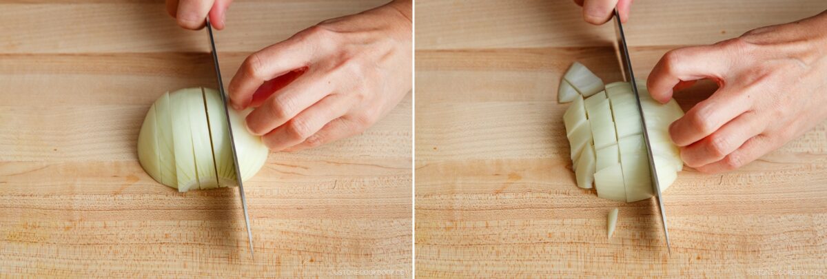 Two side-by-side images show hands chopping a white onion on a wooden cutting board, first slicing vertically and then horizontally to create diced pieces—perfect prep for flavorful gapao rice.