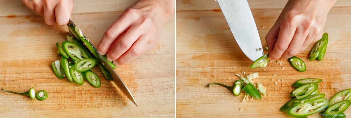 Two close-up images of hands slicing fresh green chili peppers on a wooden cutting board with a large kitchen knife—perfect prep for making spicy gapao rice. Seeds and pepper slices are scattered across the board.
