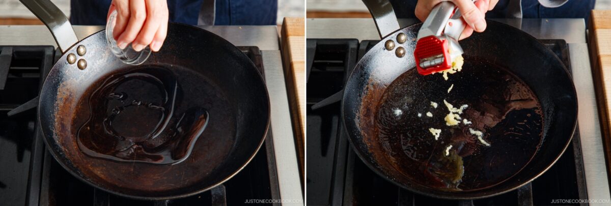 A person pours oil into a skillet on a stove in the left image and presses minced garlic—perfect for making gapao rice—into the hot oil with a garlic press in the right image.