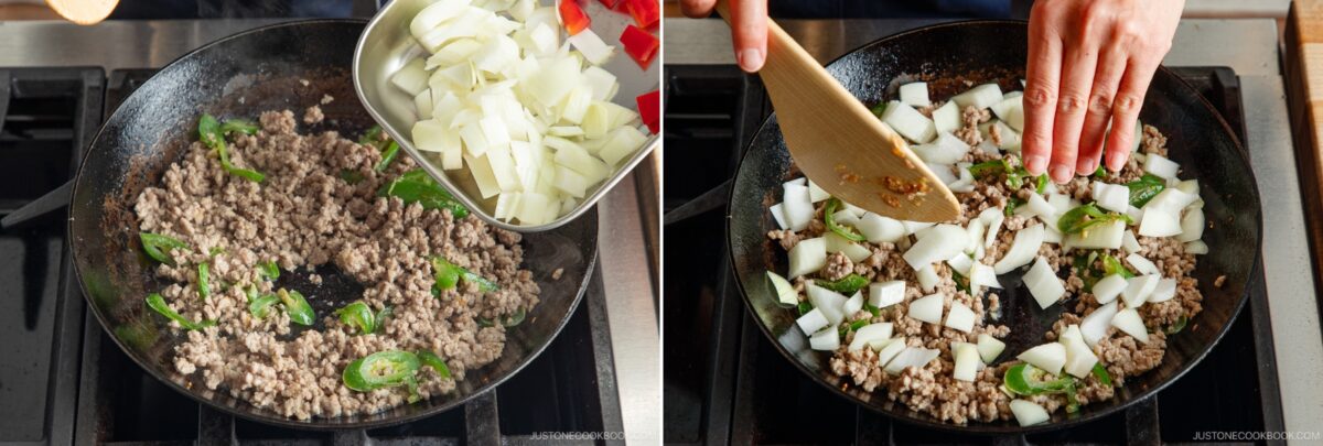 Two photos of a skillet on a stove: left, chopped onions and red bell peppers are added to sautéed ground meat and green peppers—classic gapao rice ingredients; right, hands stir the savory mixture with a wooden spatula.