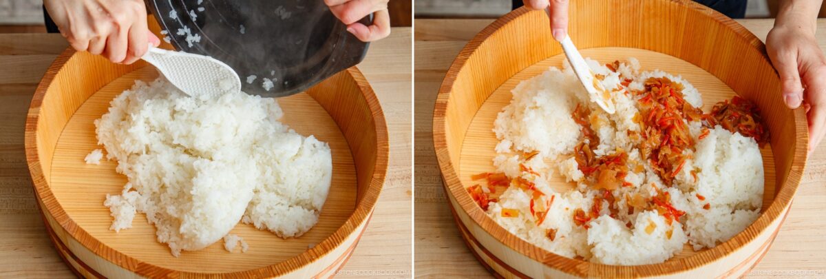 Two-panel image: On the left, a person scoops cooked rice into a wooden bowl. On the right, the same person mixes chopped vegetables or pickles into the rice with a spatula—perfect for making Quick & Easy Chirashi Sushi.