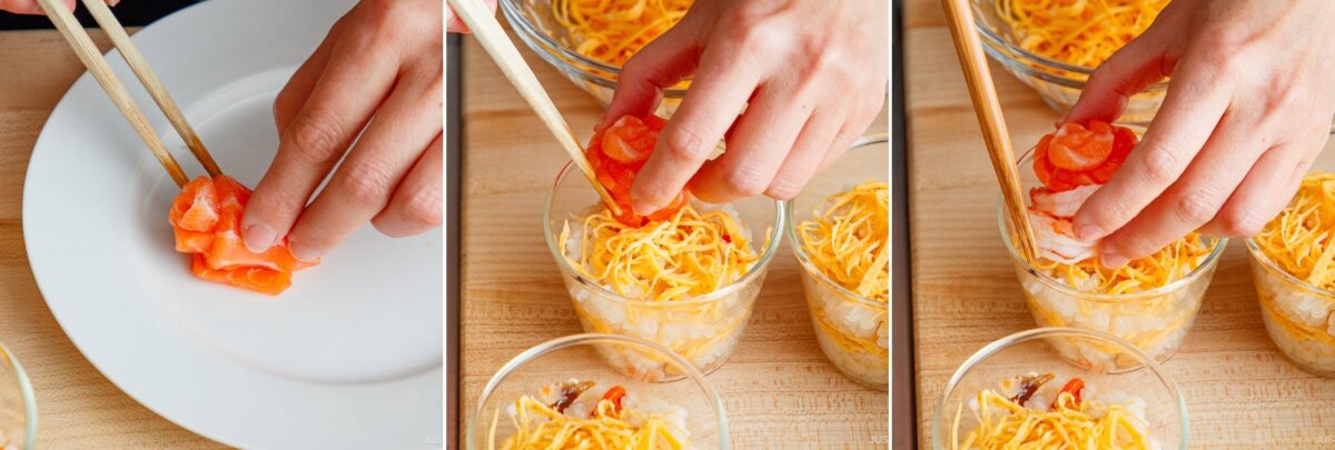 Three-panel image showing hands preparing Quick & Easy Chirashi Sushi—using chopsticks to place raw salmon atop bowls of shredded yellow egg and white vegetables, and arranging salmon roses on a white plate.