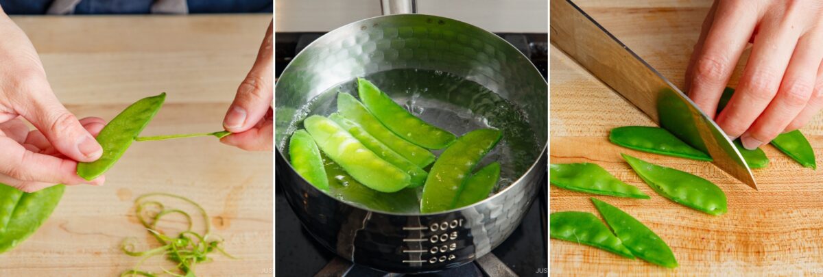 Three steps for preparing snap peas for Quick & Easy Chirashi Sushi: remove the string, blanch in boiling water, and slice the peas on a wooden cutting board.