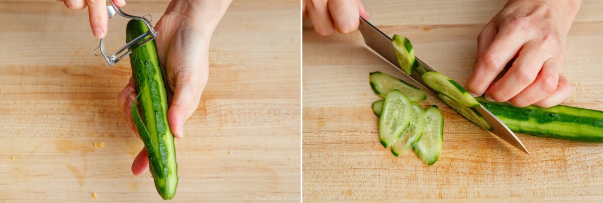 A person prepares ingredients for Quick & Easy Chirashi Sushi by peeling a cucumber with a peeler in one image and slicing the peeled cucumber with a knife in the other, both on a wooden cutting board.