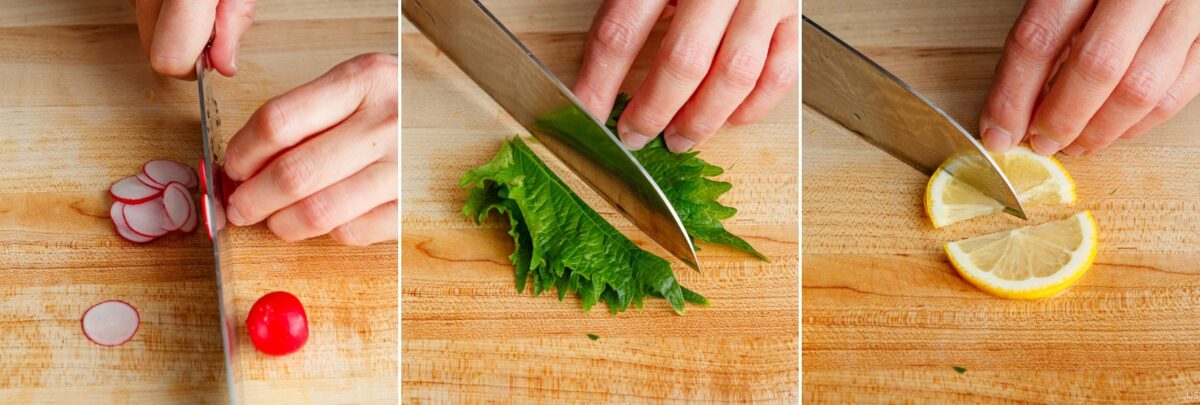 A person slices a radish, a green leafy vegetable, and a lemon on a wooden cutting board in three side-by-side images—perfect prep steps for making Quick & Easy Chirashi Sushi.