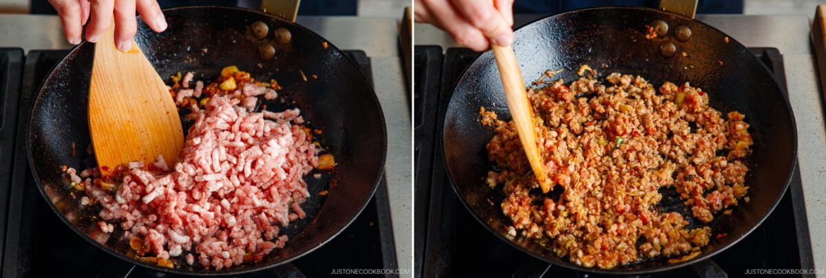 Two side-by-side images show a hand stirring ground meat for tan tan udon in a frying pan. The left shows raw meat being cooked, while the right displays the meat fully browned and mixed with vegetables.