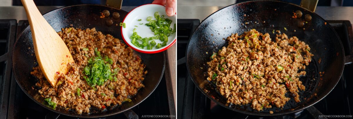 Two images show ground meat cooking for tan tan udon in a wok. In the first, chopped green onions are being added with a wooden spatula. In the second, the onions are mixed in and the meat is fully cooked and combined.